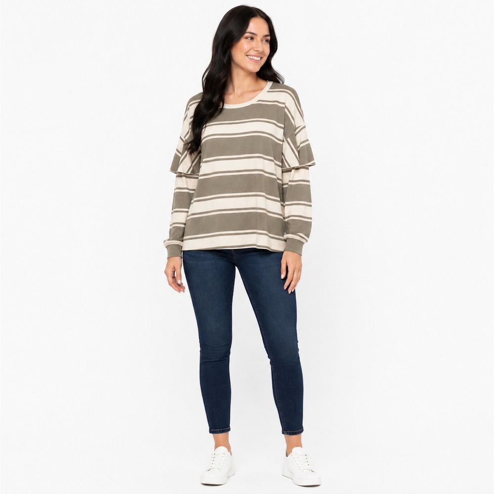 NEW Chaser Grey White‎ Striped Ruffle Long Sleeve Knit Top MEDIUM